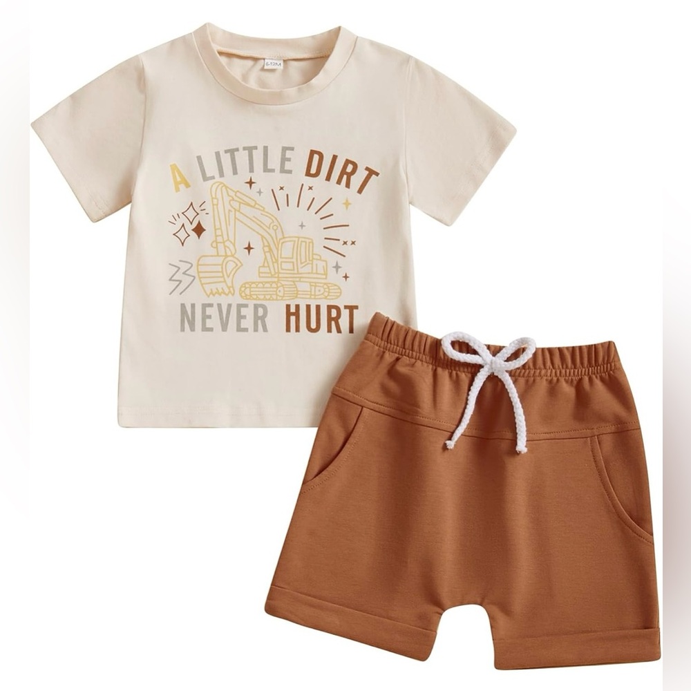 NEW 0-6 Months Baby Boy Construction Beige and Brown T-Shirt and Shorts Set